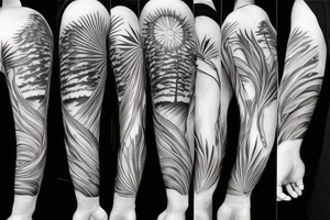 upper arm of beach, forest, sun, and wind tattoo idea
