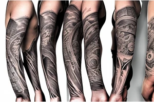 earth, wind, ground, beach, and sun arm sleeve tattoo idea