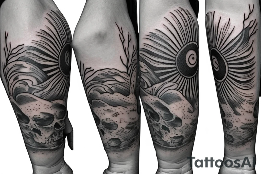 upper arm tattoo with a combination of the beach, forrest, sun, and wind tattoo idea
