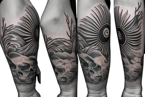 upper arm tattoo with a combination of the beach, forrest, sun, and wind tattoo idea