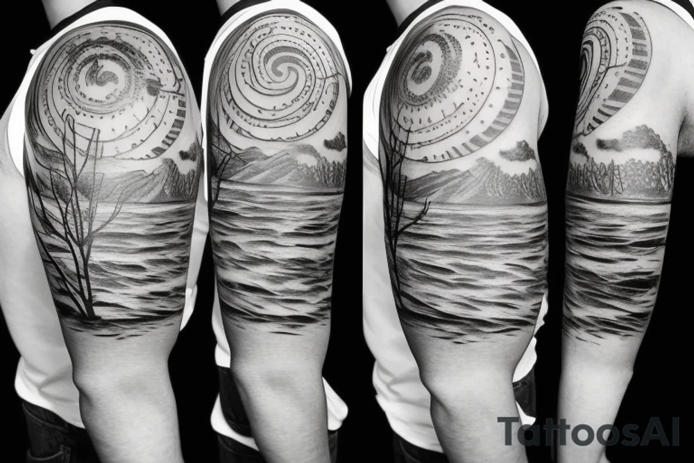 upper arm tattoo with a combination of the beach, forrest, sun, and wind tattoo idea