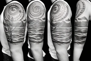 upper arm tattoo with a combination of the beach, forrest, sun, and wind tattoo idea