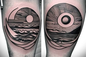 Create an upper arm tattoo with a setting sun over the beach tattoo idea