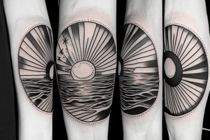 Create an upper arm tattoo with a setting sun over the beach tattoo idea