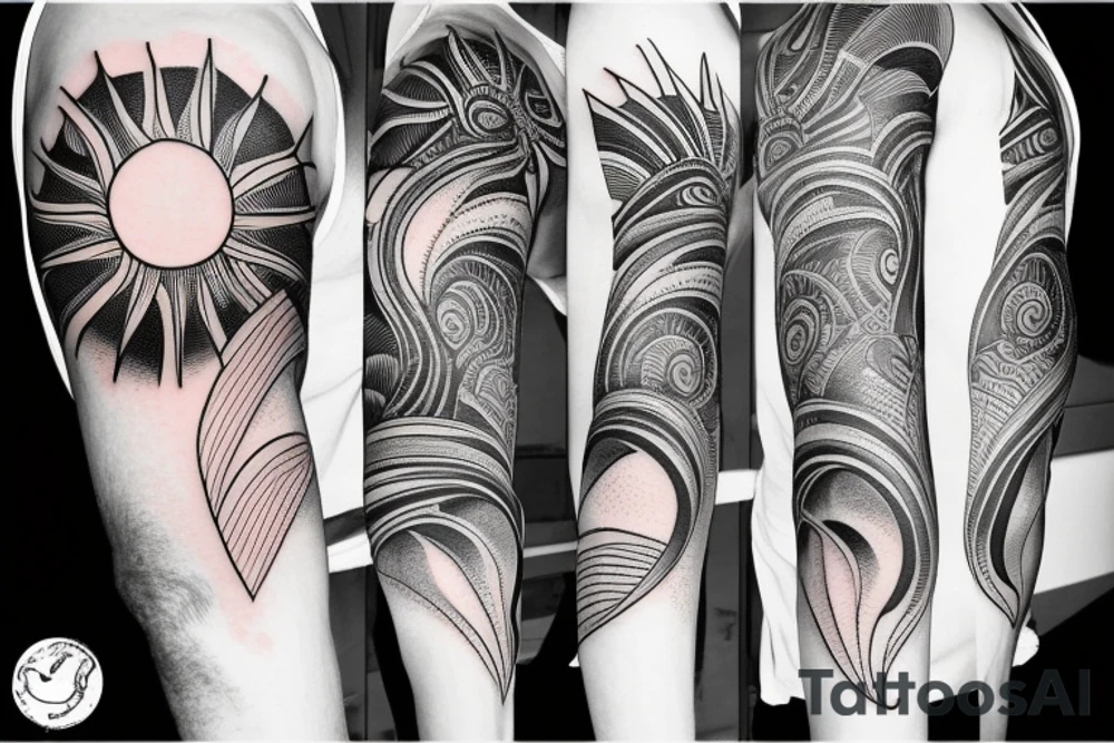 Create an upper arm tattoo with a setting sun over the beach tattoo idea