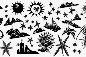 Create an upper arm tattoo with a setting sun over the beach tattoo idea