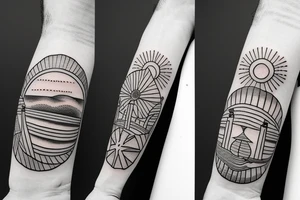 Create an upper arm tattoo with a setting sun over the beach tattoo idea