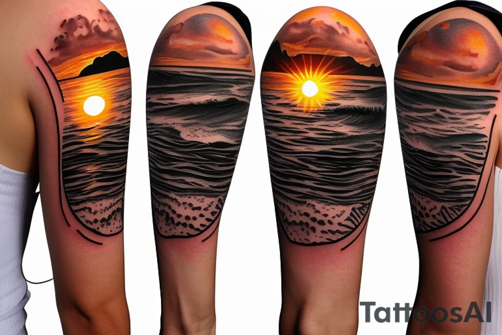 Create an upper arm tattoo with a setting sun over the beach tattoo idea