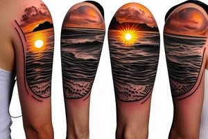 Create an upper arm tattoo with a setting sun over the beach tattoo idea