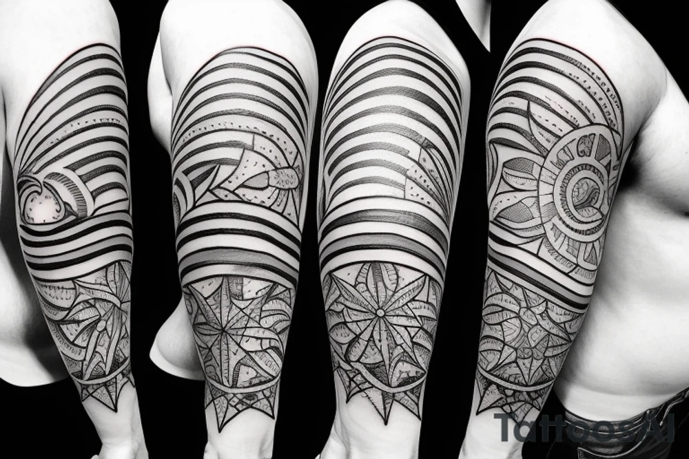 Create an upper arm tattoo with a setting sun over the beach tattoo idea