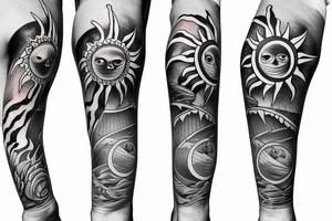 Create an upper arm tattoo with a setting sun over the beach tattoo idea