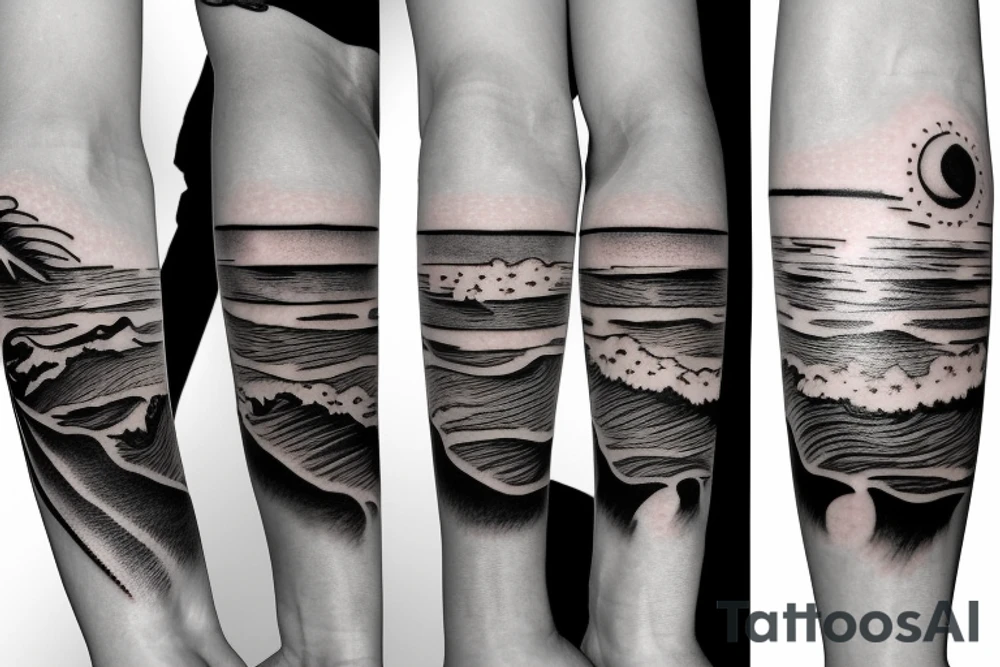 Create an upper arm tattoo with a setting sun over the beach tattoo idea
