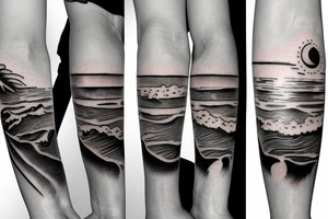 Create an upper arm tattoo with a setting sun over the beach tattoo idea