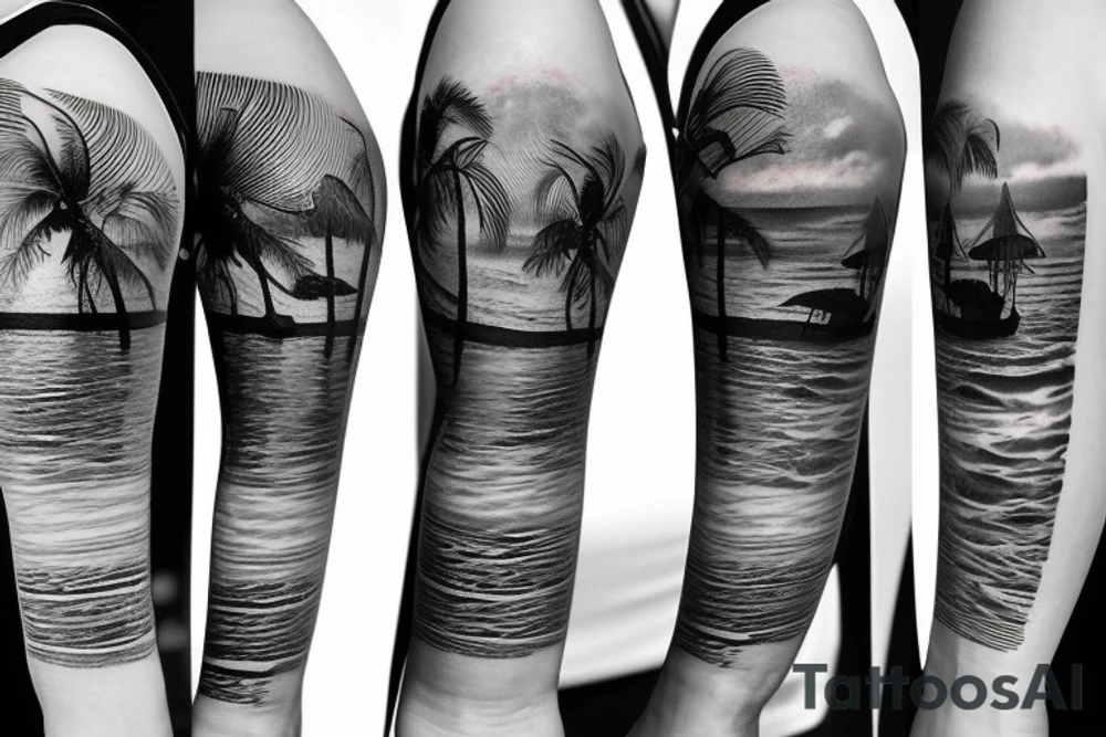 Create an upper arm tattoo with a setting sun over the beach tattoo idea