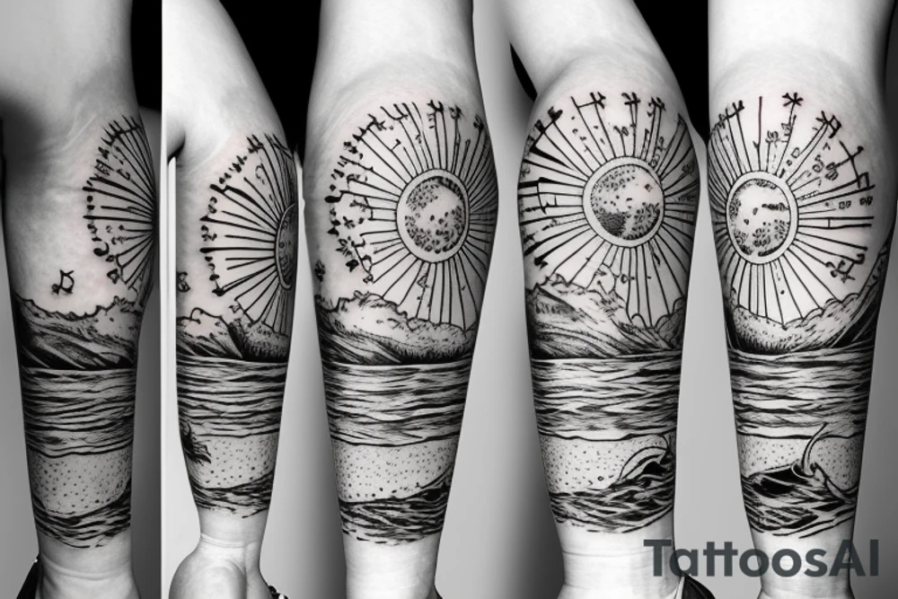 Create an upper arm tattoo with a setting sun over the beach tattoo idea