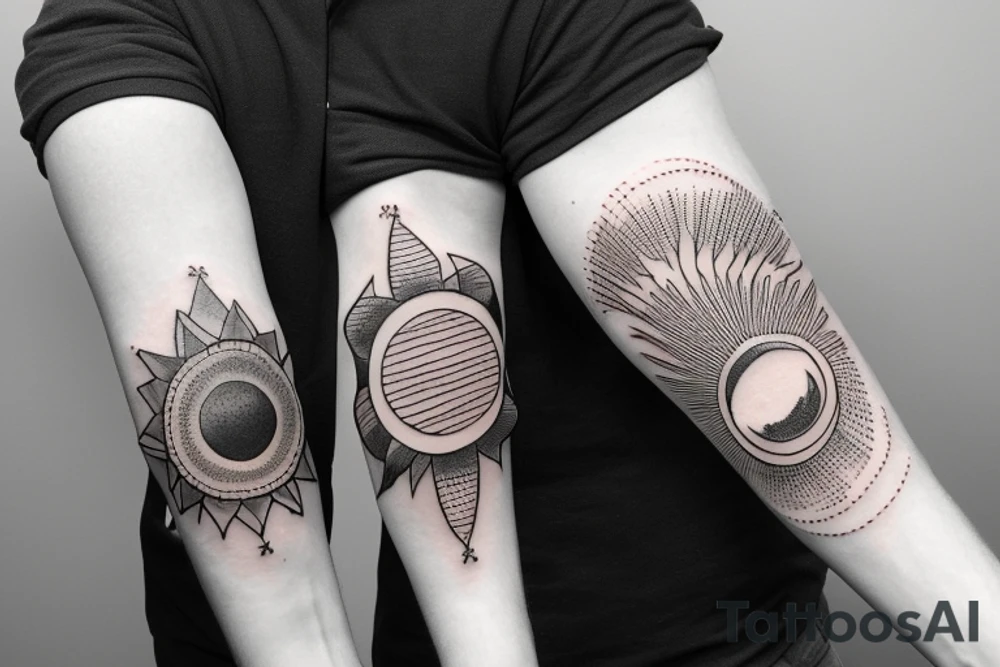 Create an upper arm tattoo with a setting sun over the beach tattoo idea