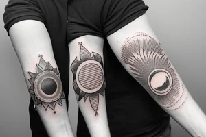 Create an upper arm tattoo with a setting sun over the beach tattoo idea