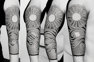 Create an upper arm tattoo with a setting sun over the beach tattoo idea