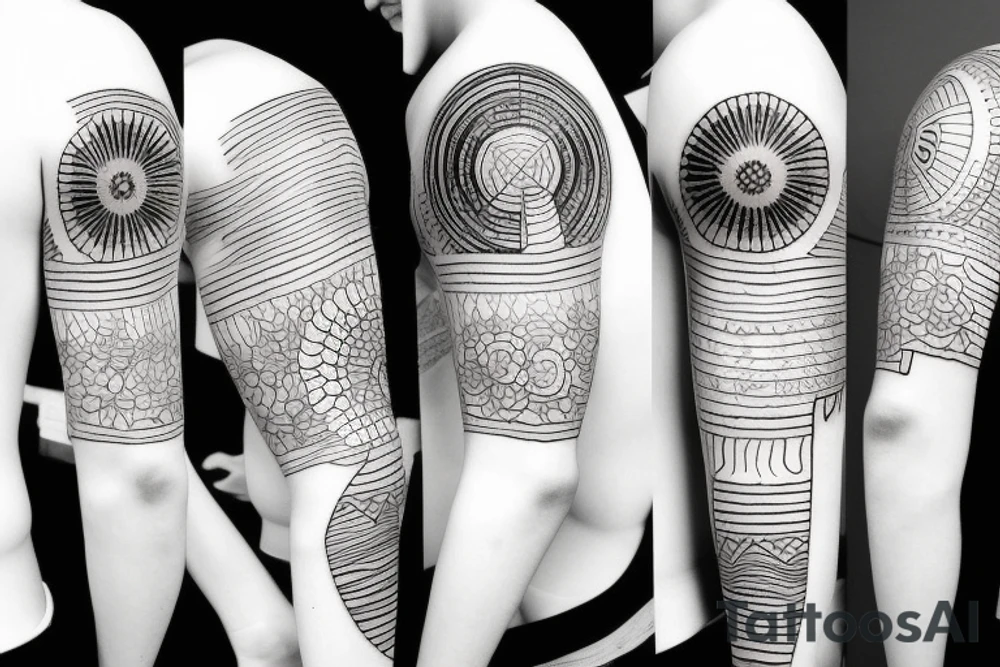 Create an upper arm tattoo with a setting sun over the beach tattoo idea