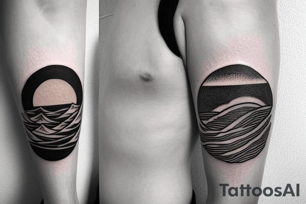 Create an upper arm tattoo with a setting sun over the beach tattoo idea