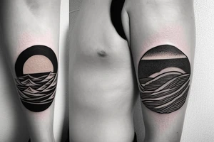 Create an upper arm tattoo with a setting sun over the beach tattoo idea