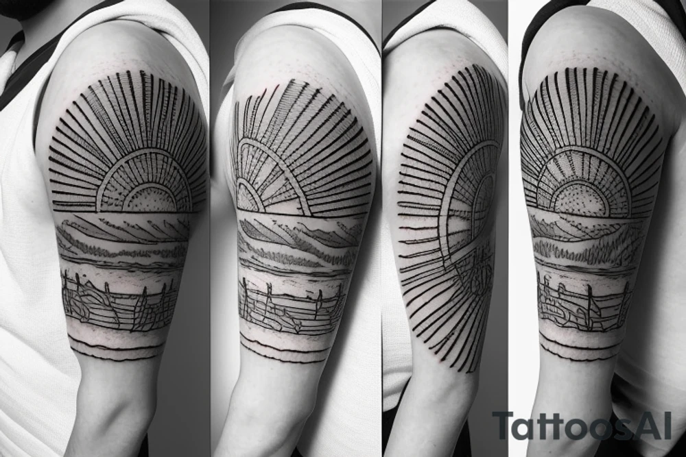 Create an upper arm tattoo with a setting sun over the beach tattoo idea Create an upper arm tattoo with a setting sun over the beach tattoo idea