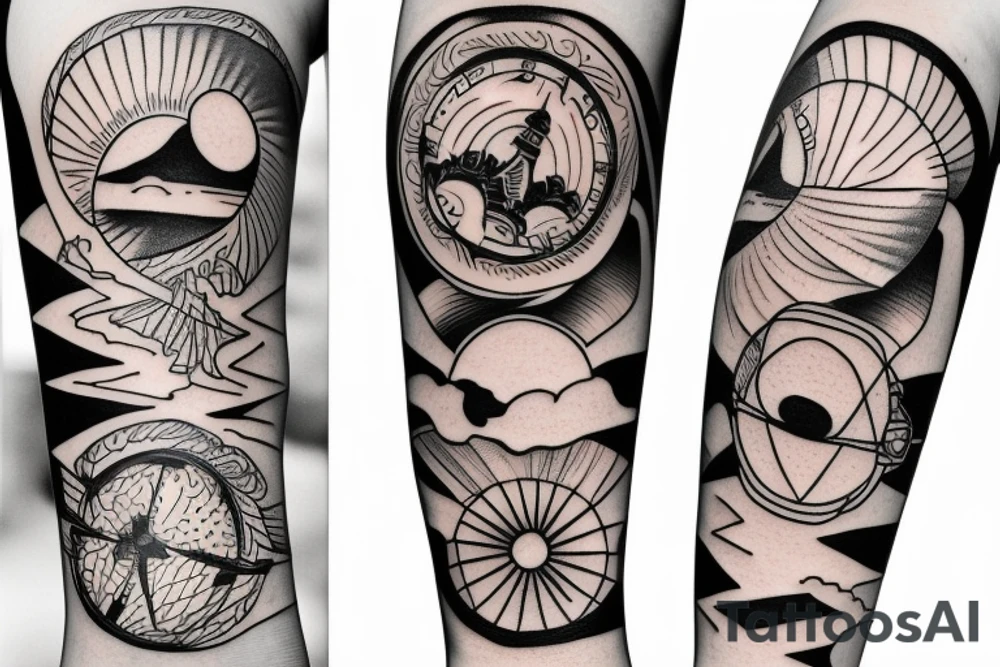 Create an upper arm tattoo with a setting sun over the beach tattoo idea