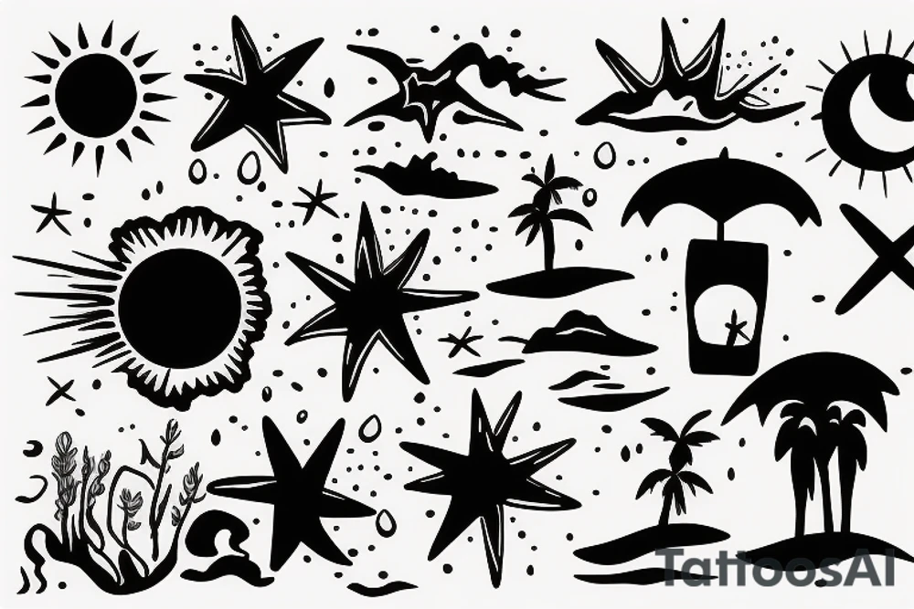 Create an upper arm tattoo with a setting sun over the beach tattoo idea