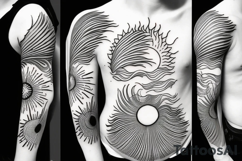 Create an upper arm tattoo with a setting sun over the beach tattoo idea