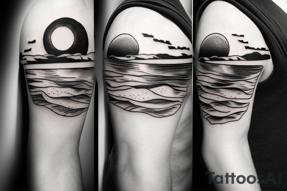 Create an upper arm tattoo with a setting sun over the beach and time tattoo idea