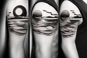 Create an upper arm tattoo with a setting sun over the beach and time tattoo idea
