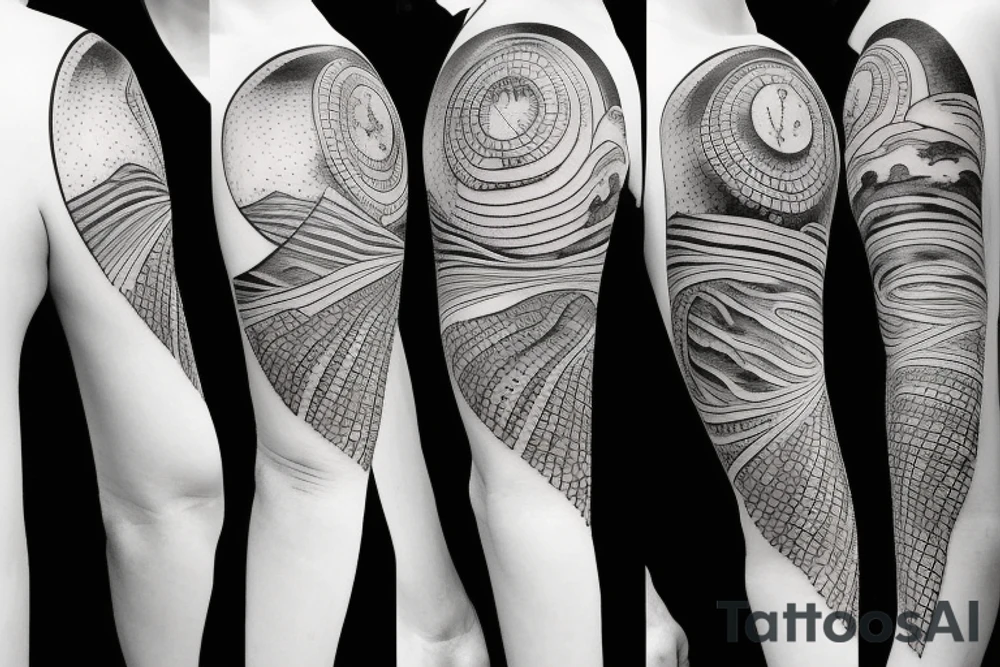 Create an upper arm tattoo with a setting sun over the beach and time tattoo idea