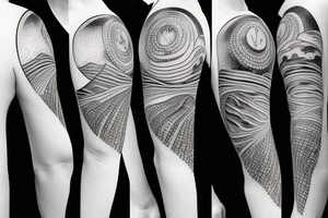 Create an upper arm tattoo with a setting sun over the beach and time tattoo idea