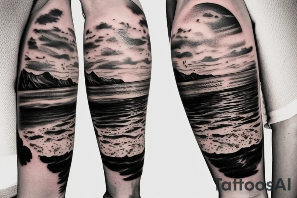 Create an upper arm tattoo with a setting sun over the beach and time tattoo idea