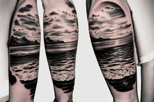 Create an upper arm tattoo with a setting sun over the beach and time tattoo idea