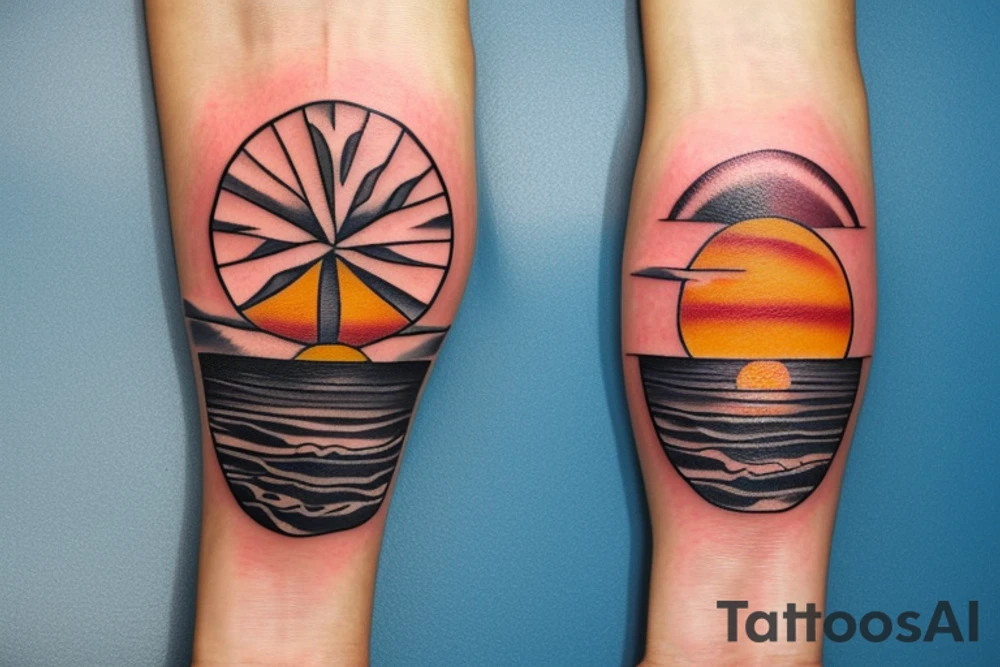 Create an upper arm tattoo with a setting sun over the beach and time tattoo idea