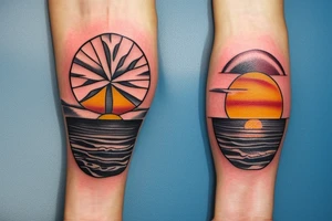 Create an upper arm tattoo with a setting sun over the beach and time tattoo idea