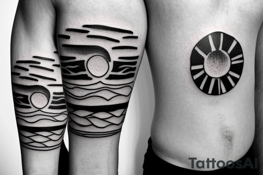Create an upper arm tattoo with a setting sun over the beach and time tattoo idea Create an upper arm tattoo with a setting sun over the beach and time tattoo idea