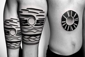 Create an upper arm tattoo with a setting sun over the beach and time tattoo idea