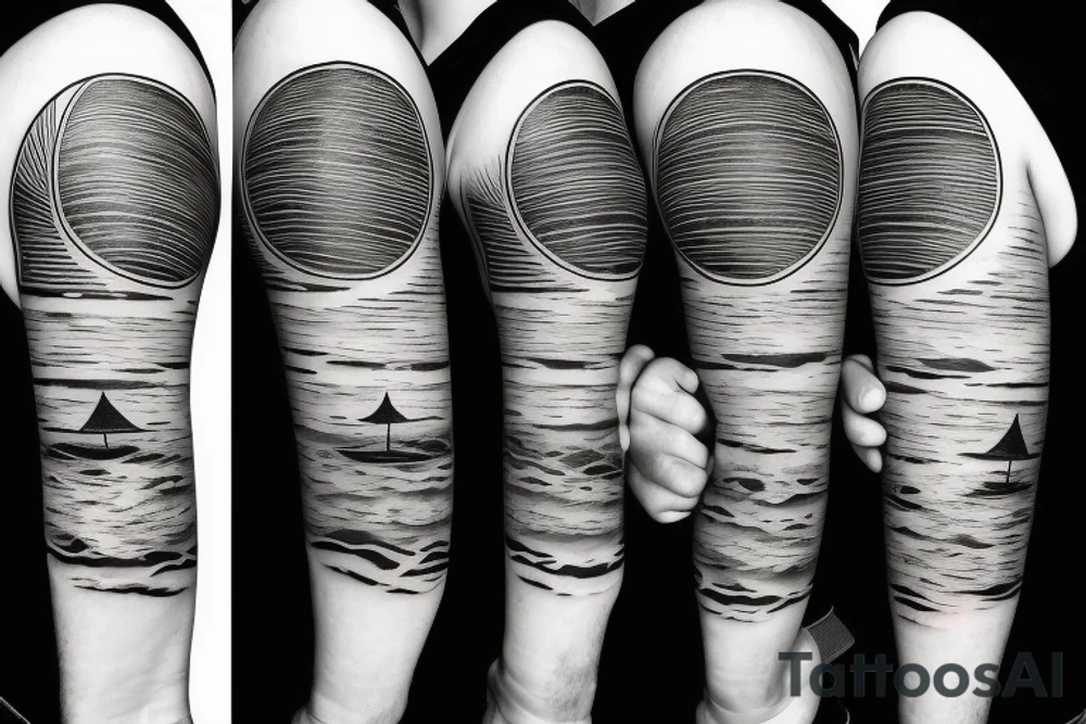 Create an upper arm tattoo with a setting sun over the beach and time tattoo idea Create an upper arm tattoo with a setting sun over the beach and time tattoo idea