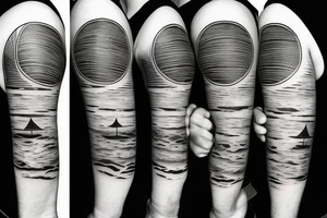 Create an upper arm tattoo with a setting sun over the beach and time tattoo idea