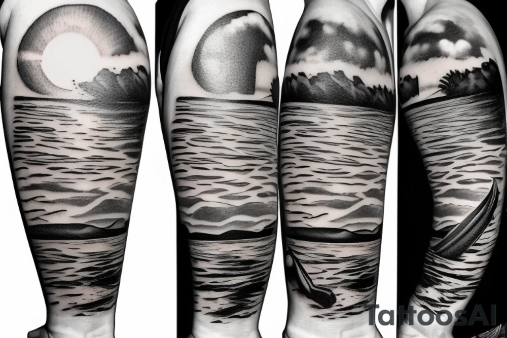 Create an upper arm tattoo with a setting sun over the beach and time tattoo idea