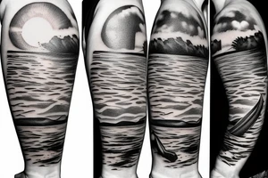 Create an upper arm tattoo with a setting sun over the beach and time tattoo idea