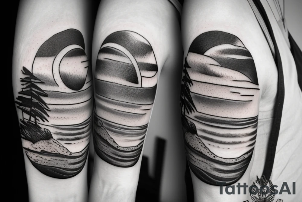 Create an upper arm tattoo with a setting sun over the beach and time tattoo idea