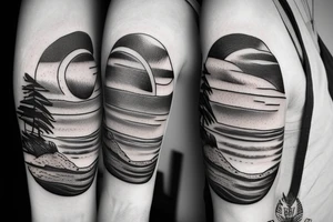 Create an upper arm tattoo with a setting sun over the beach and time tattoo idea