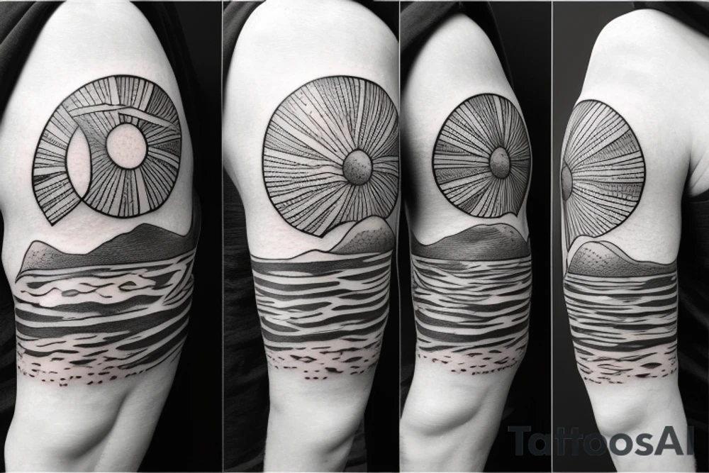 Create an upper arm tattoo with a setting sun over the beach and earth tattoo idea