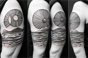 Create an upper arm tattoo with a setting sun over the beach and earth tattoo idea