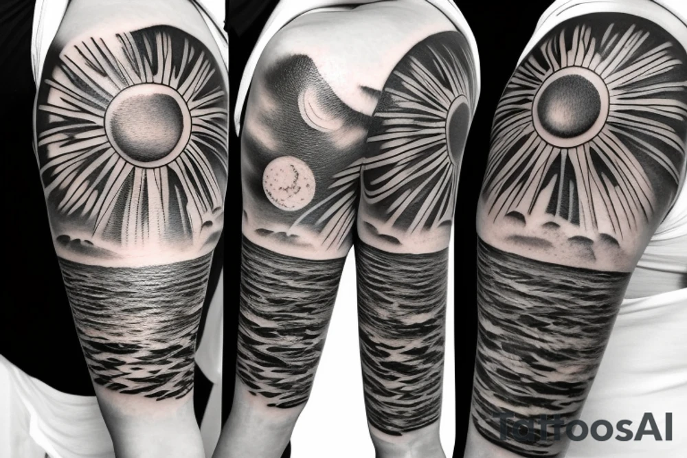 Create an upper arm tattoo with a setting sun over the beach and earth tattoo idea