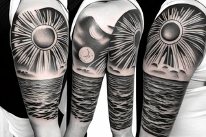 Create an upper arm tattoo with a setting sun over the beach and earth tattoo idea