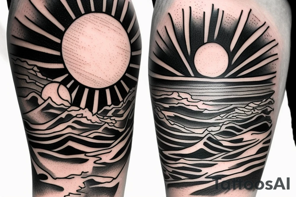 Create an upper arm tattoo with a setting sun over the beach and earth tattoo idea